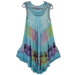 India Boutique Womens Tie Dye Handkerchief Hem Dress Blue Rayon Embroidered OS
